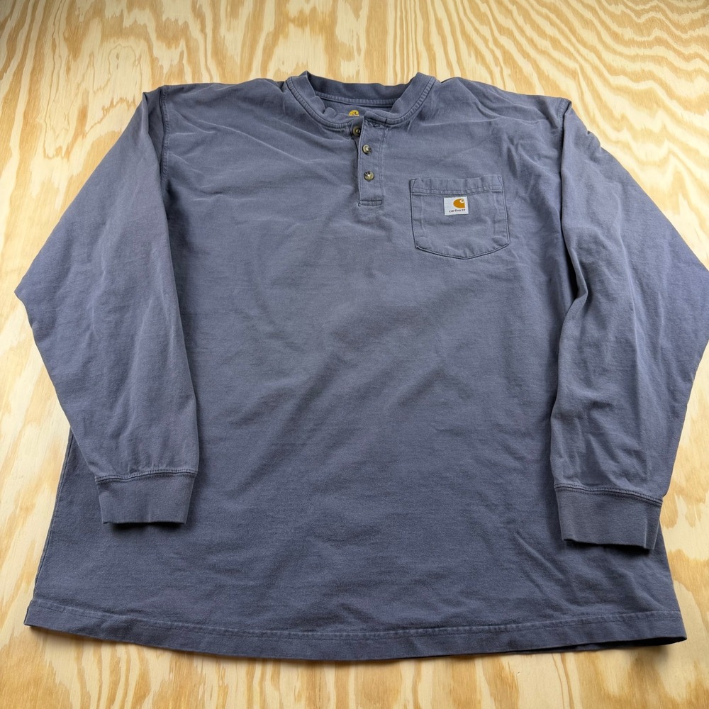 Carhartt Mens XL Long Sleeve Henley Shirt Pocket Workwear Faded Navy Blue
